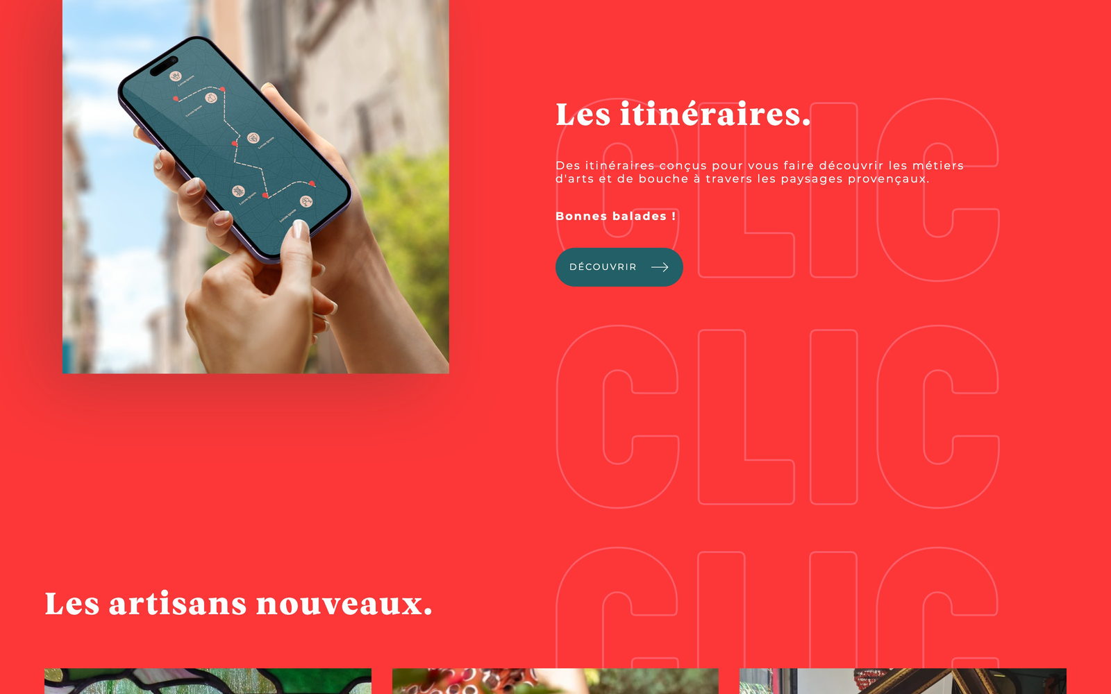 Section &laquo;&nbsp;Les itin&eacute;raires&nbsp;&raquo; du site, sur aplat rouge, et l'entr&eacute;e &laquo;&nbsp;Les artisans nouveaux&nbsp;&raquo;.
