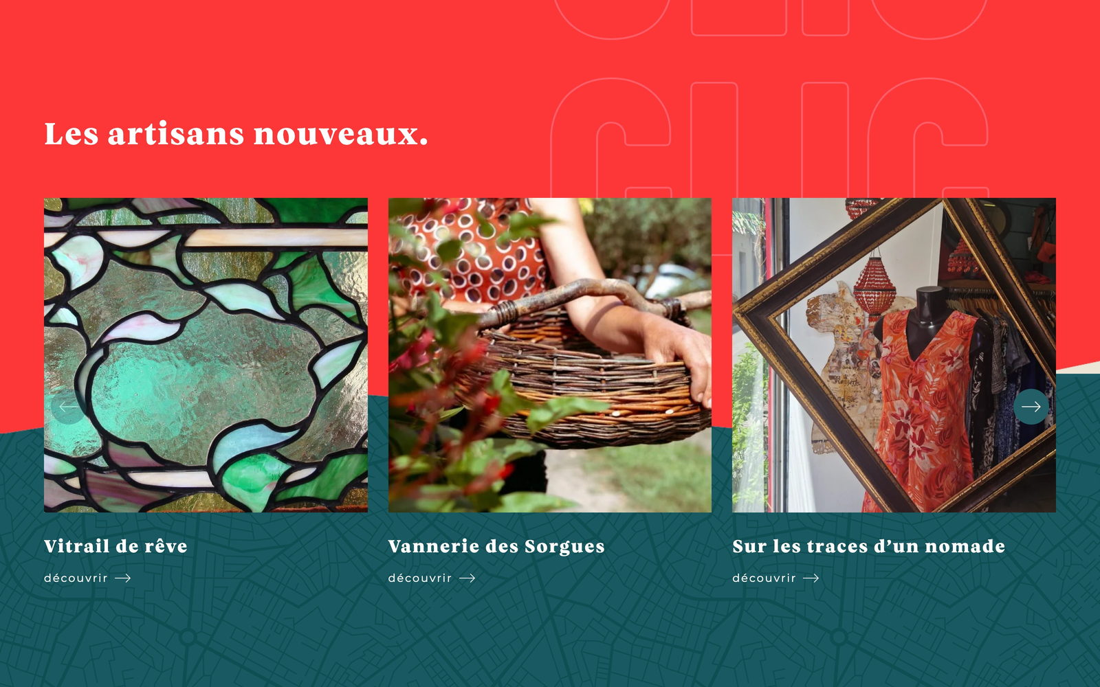 Section &laquo;&nbsp;Les artisans nouveaux&nbsp;&raquo; du site&nbsp;: trois fiches en vitrail, vannerie et encadrement.
