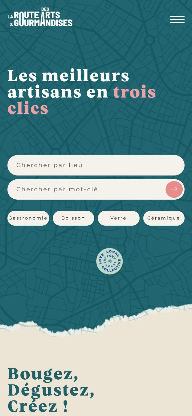Le site La Route des Arts et Gourmandises affich&eacute; sur t&eacute;l&eacute;phone&nbsp;: &laquo;&nbsp;Les meilleurs artisans en trois clics&nbsp;&raquo; et la recherche par lieu.