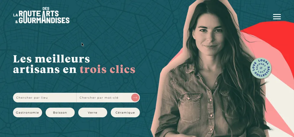 La page d'accueil du site&nbsp;: l'artisane, la recherche par lieu et les cat&eacute;gories de m&eacute;tiers.