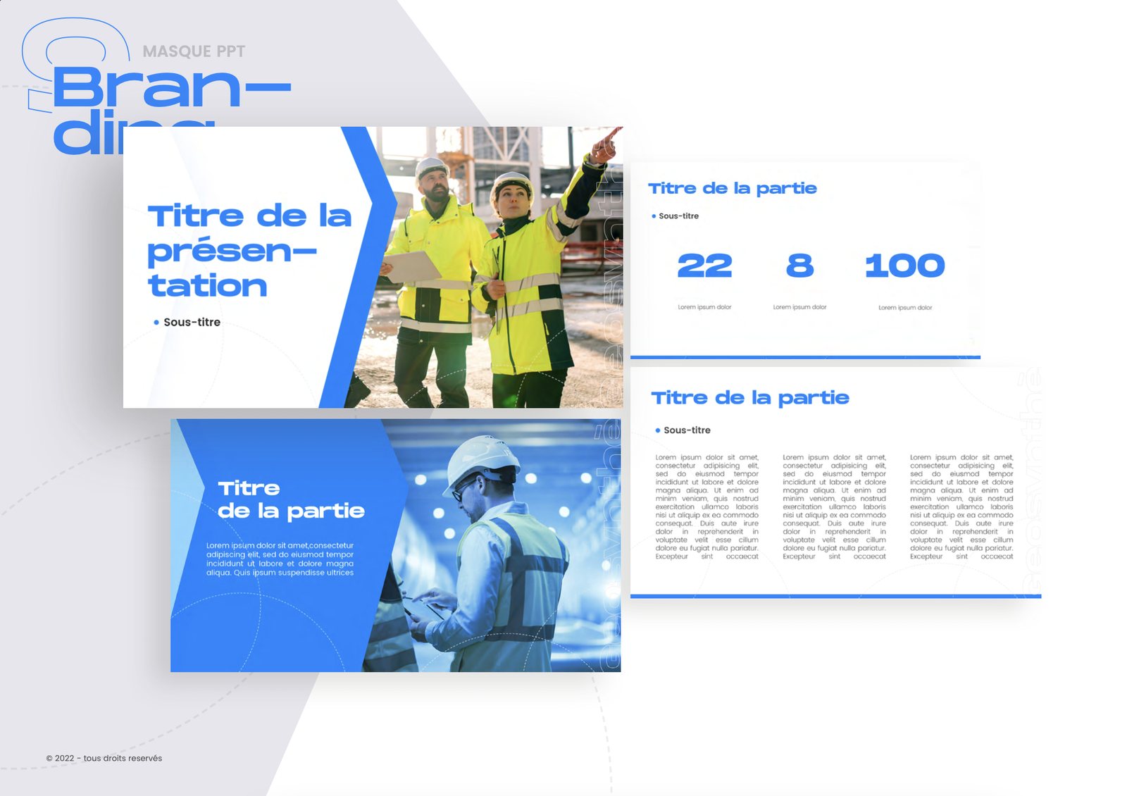 Planche de charte&nbsp;: masque de pr&eacute;sentation, pages bleues et chiffres cl&eacute;s.