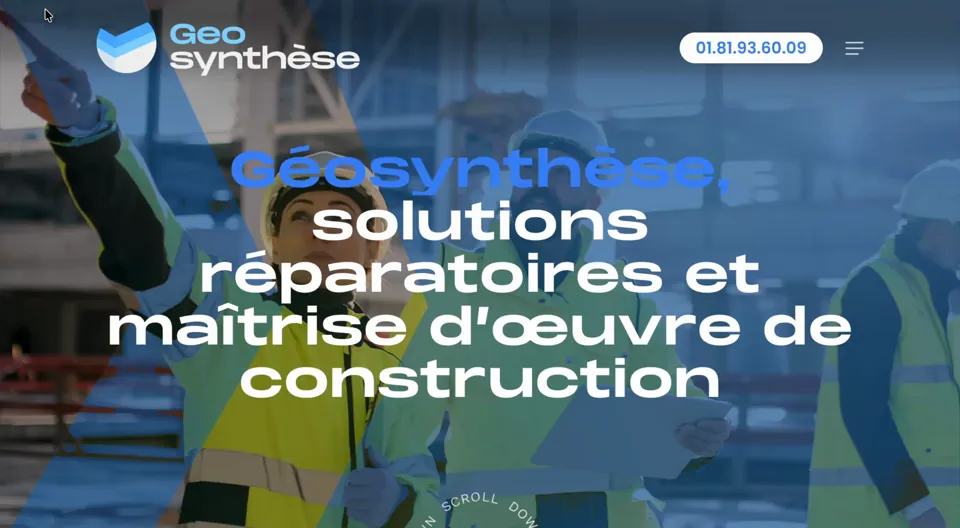 D&eacute;filement de la page d'accueil du site G&eacute;osynth&egrave;se&nbsp;: &laquo;&nbsp;solutions r&eacute;paratoires et ma&icirc;trise d'&oelig;uvre de construction&nbsp;&raquo;.