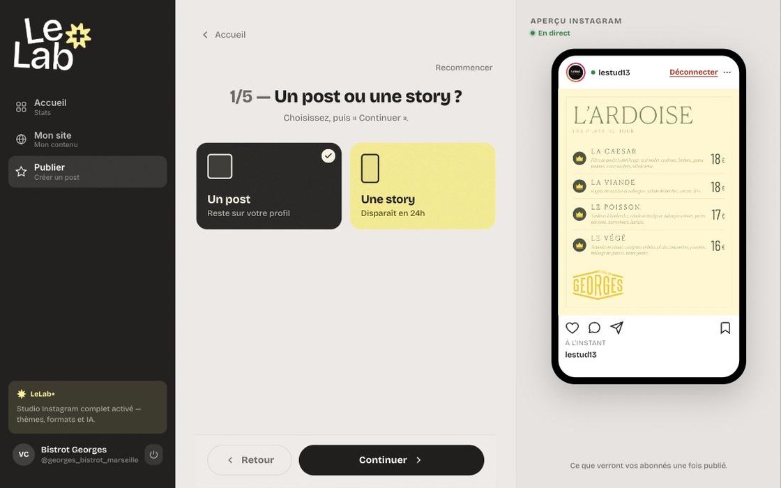 Premier &eacute;cran du studio : deux choix, un post ou une story, avec l&rsquo;aper&ccedil;u Instagram &agrave; droite
