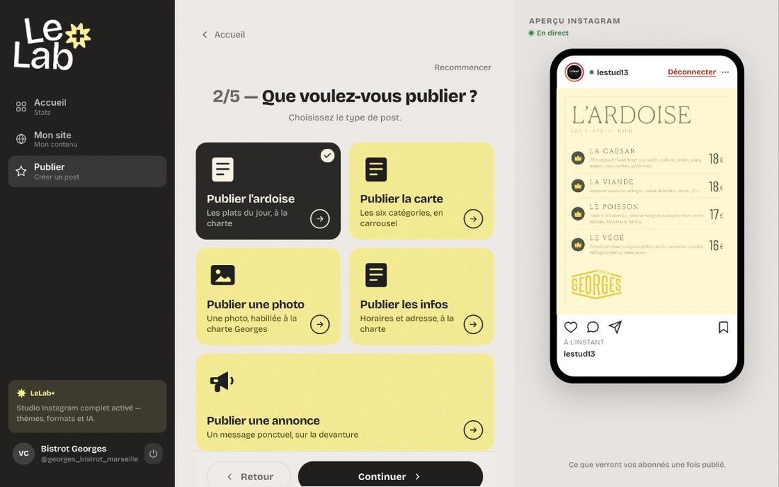 Deuxi&egrave;me &eacute;cran : publier l&rsquo;ardoise, la carte, une photo, les infos ou une annonce