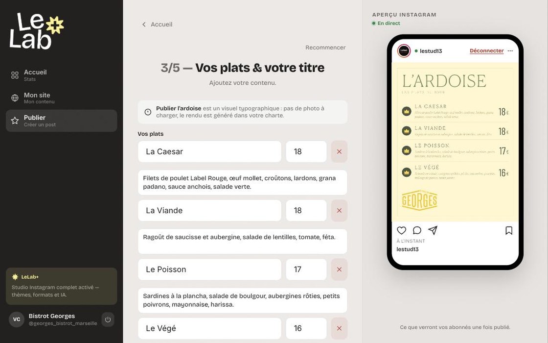 Troisi&egrave;me &eacute;cran : les champs d&eacute;j&agrave; pr&eacute;-remplis depuis le contenu du site, et le visuel compos&eacute; en direct &agrave; droite
