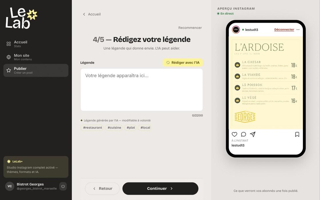 Quatri&egrave;me &eacute;cran : la l&eacute;gende, avec le bouton de r&eacute;daction assist&eacute;e et les hashtags