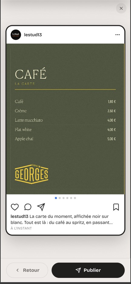 Le post termin&eacute; dans l&rsquo;aper&ccedil;u Instagram : la carte du commerce compos&eacute;e dans sa charte, la l&eacute;gende, et le bouton Publier
