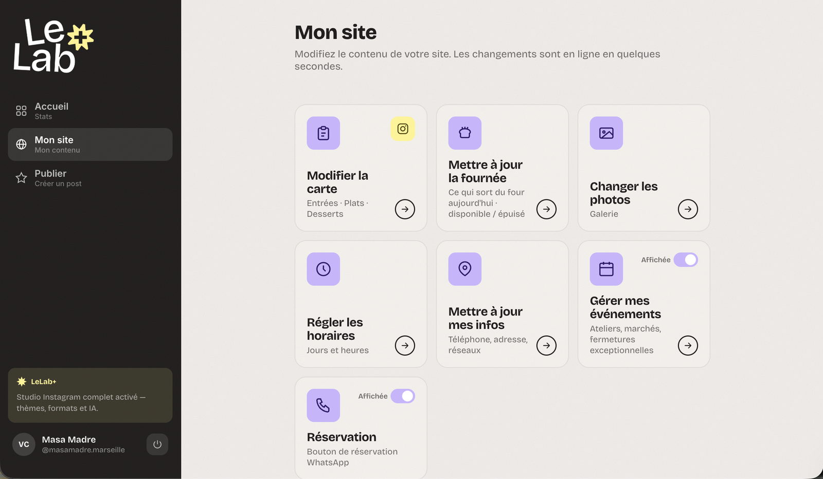 Les blocs du site, éditables un par un depuis l'espace client LeLab