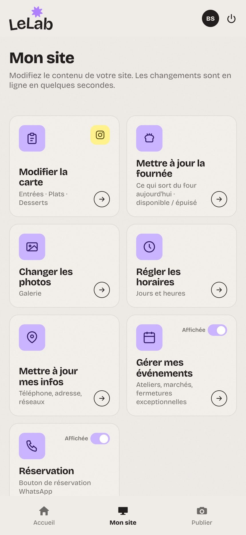 L&rsquo;espace d&rsquo;administration LeLab sur t&eacute;l&eacute;phone : la carte, la fourn&eacute;e, les photos, les horaires, les infos, les &eacute;v&eacute;nements et la r&eacute;servation, chacun sur sa vignette