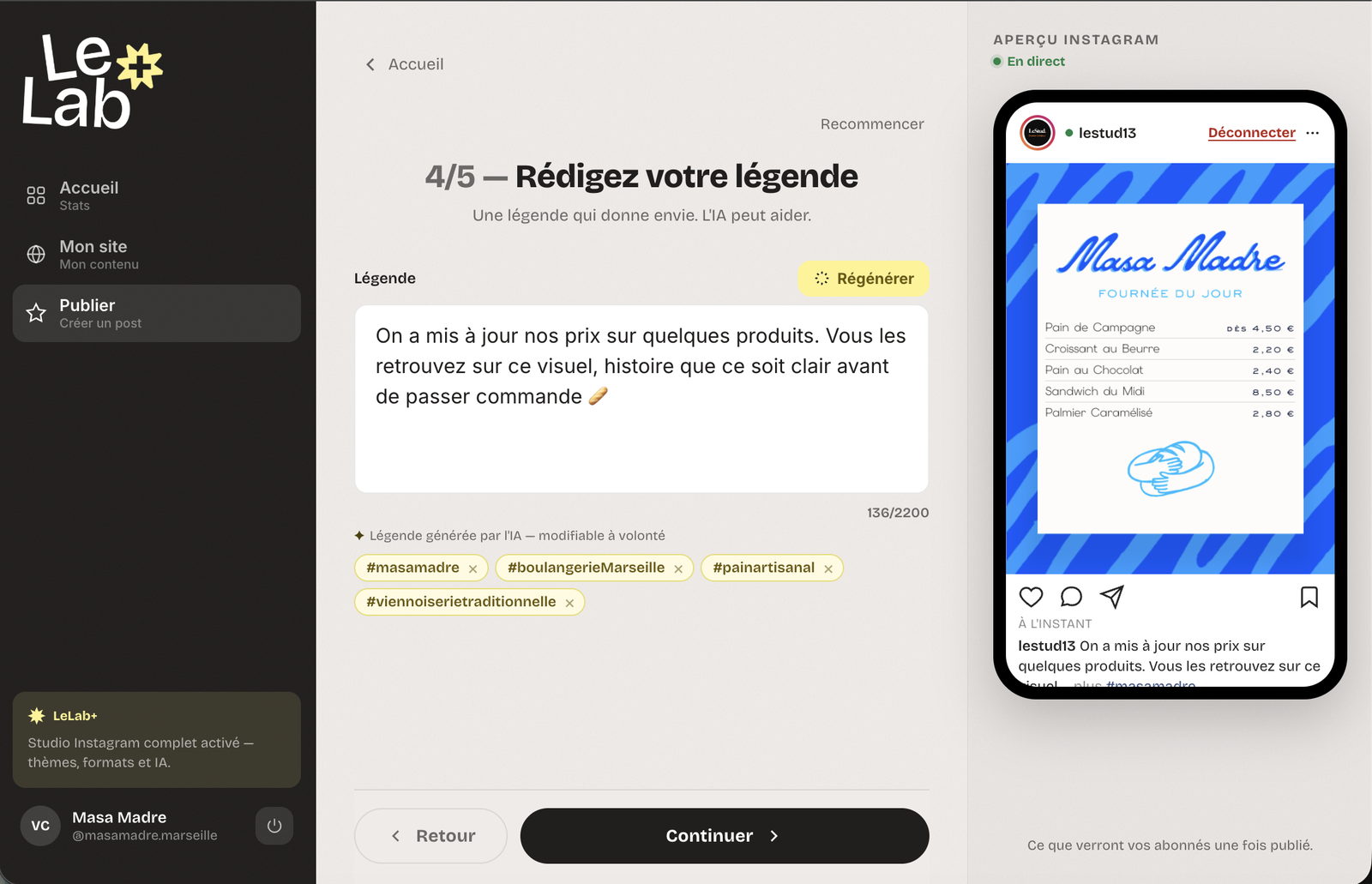 Le studio LeLab+ : rédaction de la légende et aperçu Instagram
