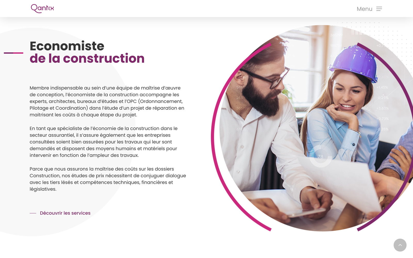 Section &laquo;&nbsp;&Eacute;conomiste de la construction&nbsp;&raquo; du site, texte et photo en m&eacute;daillon rond.