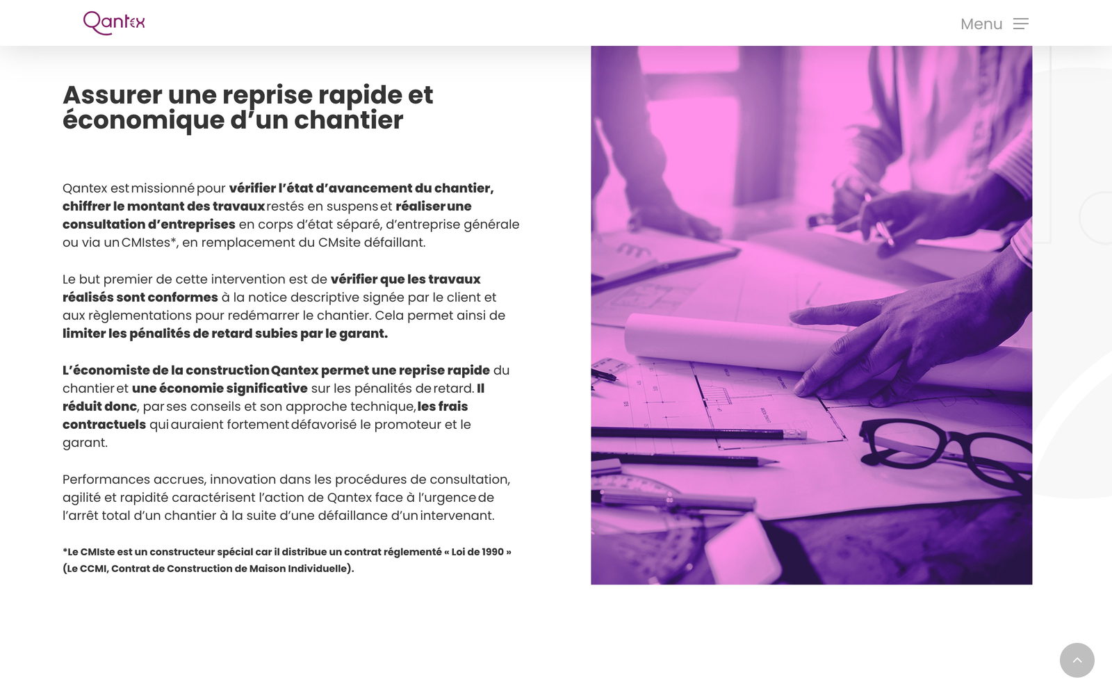 Section &laquo;&nbsp;Assurer une reprise rapide et &eacute;conomique d'un chantier&nbsp;&raquo;, visuel en bichromie magenta.