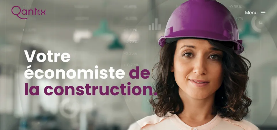 Ouverture du menu lat&eacute;ral du site Qantex&nbsp;: le panneau magenta glisse sur la page d'accueil.