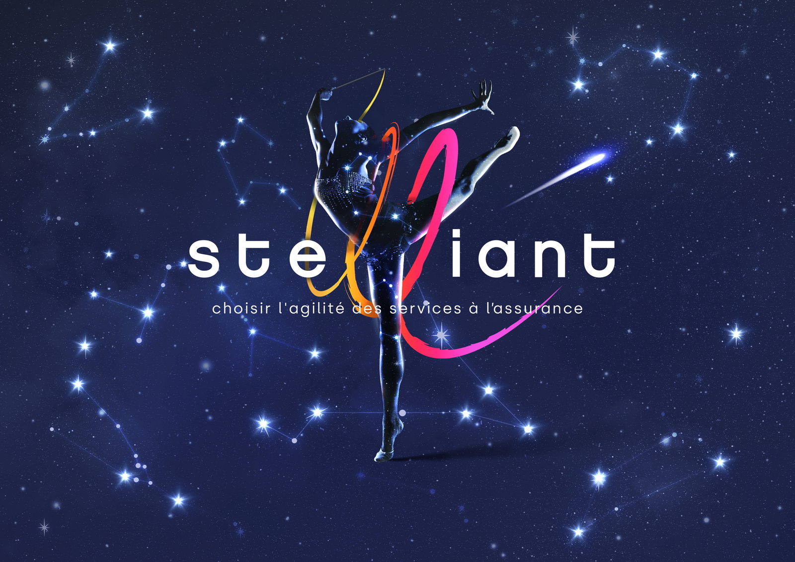 Key visual Stelliant&nbsp;: gymnaste en arabesque sur un ciel &eacute;toil&eacute;, ses rubans orange et magenta dessinant la volute du logo.