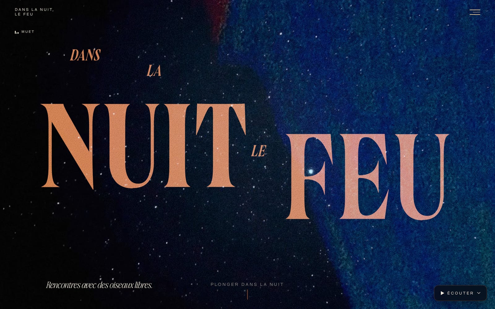 Page d'accueil du site « Dans la nuit, le feu » : titre typographique géant sur un dégradé de feu ambré et granuleux.