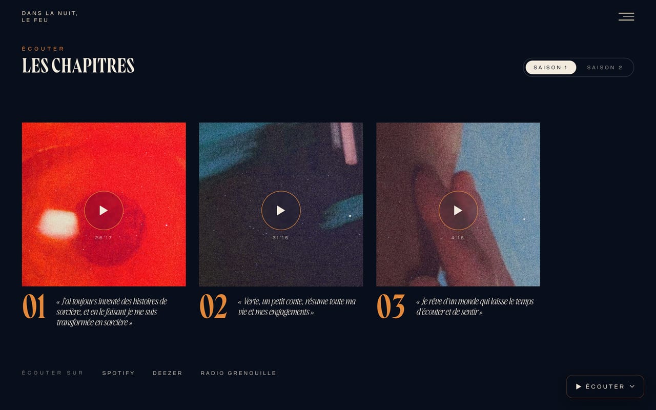Section « Les chapitres » : carrousel des épisodes avec vignettes et boutons d'écoute.