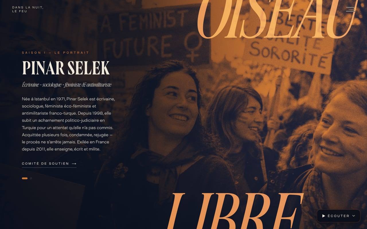 Section portrait de Pinar Selek : photo en duotone ambré sur une manifestation féministe, mots « OISEAU LIBRE ».