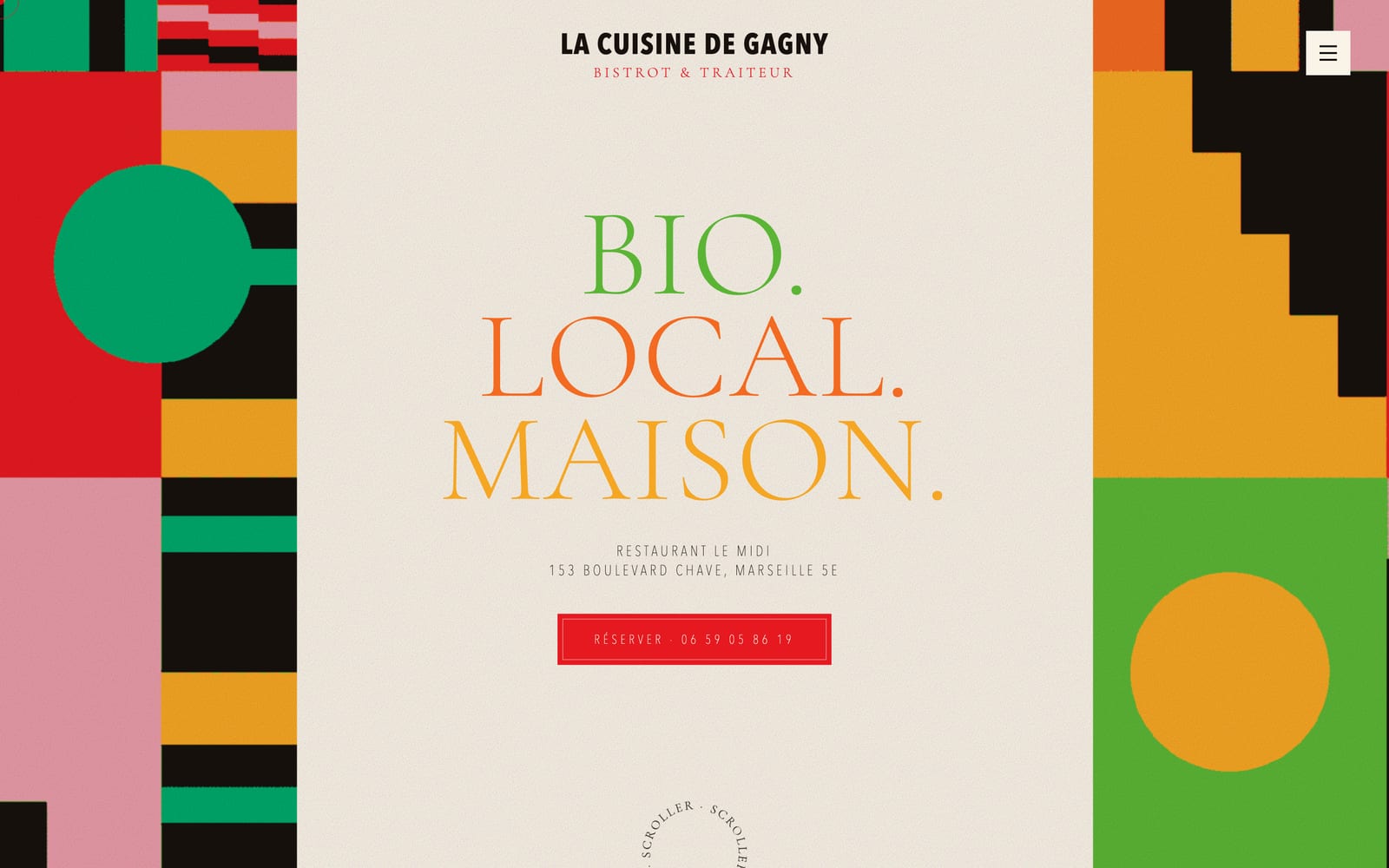 Page d'accueil du site La Cuisine de Gagny : « Bio. Local. Maison. » sur fond crème, motifs colorés graphiques.