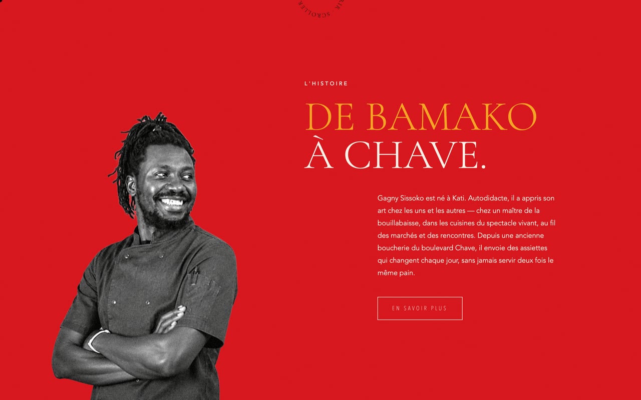 Section « De Bamako à Chave » : portrait du chef Gagny Sissoko sur fond rouge et texte de présentation.