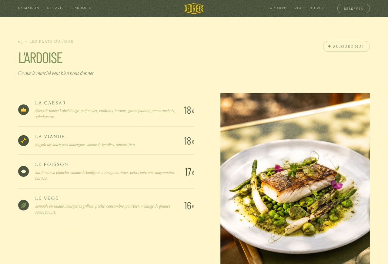 Section « L'ardoise » du site : les plats du jour avec leurs prix, et la photo d'une assiette.