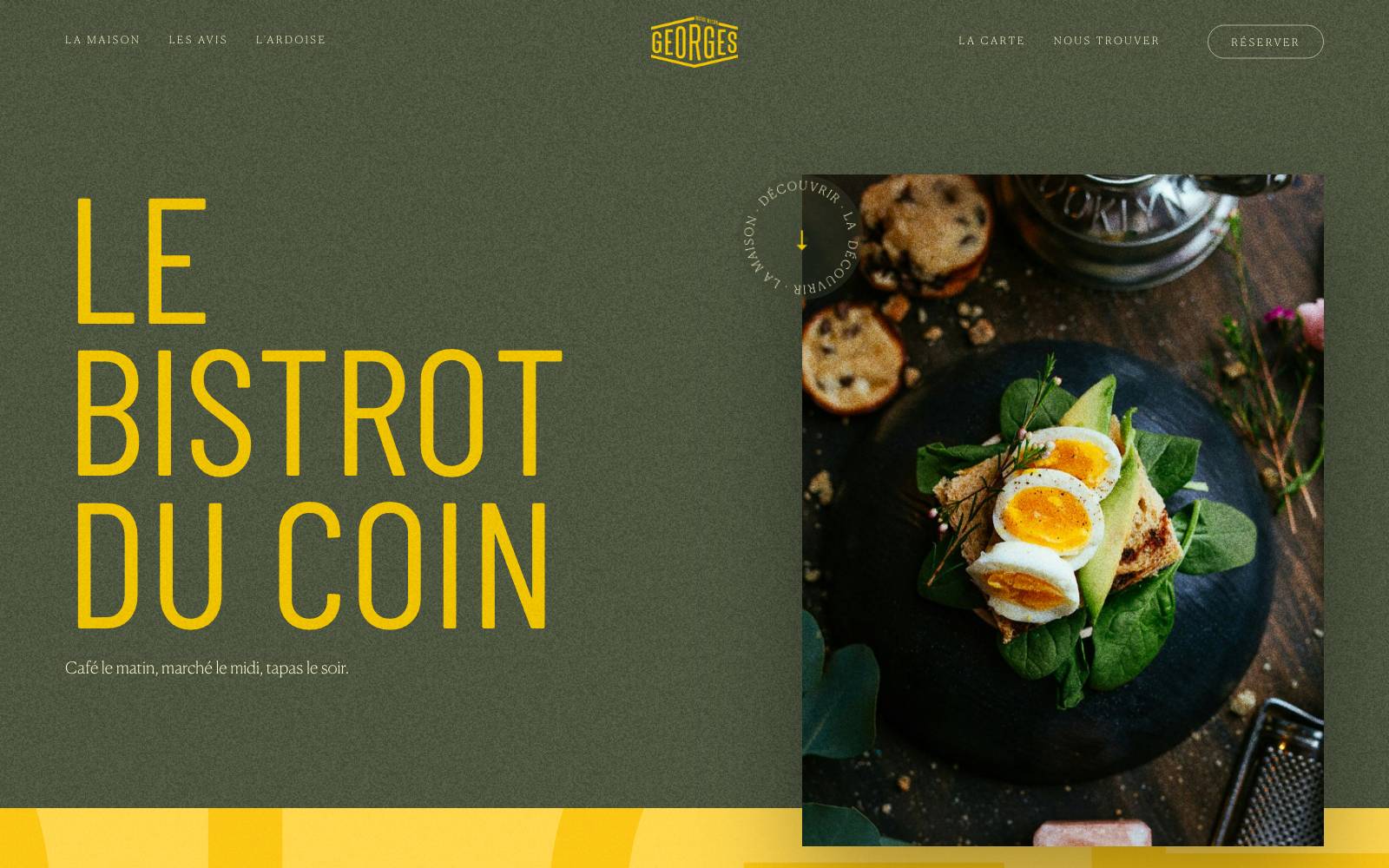Page d'accueil du site Bistrot Georges : « Le bistrot du coin » en jaune sur fond vert olive.
