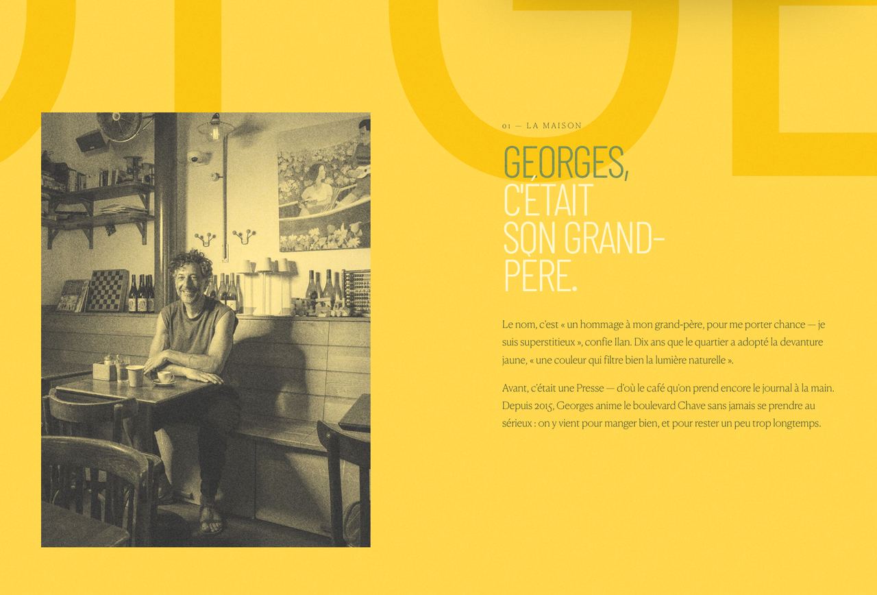 Section « Georges, c'était son grand-père » : photo noir et blanc du bistrot et récit de la maison sur fond jaune.