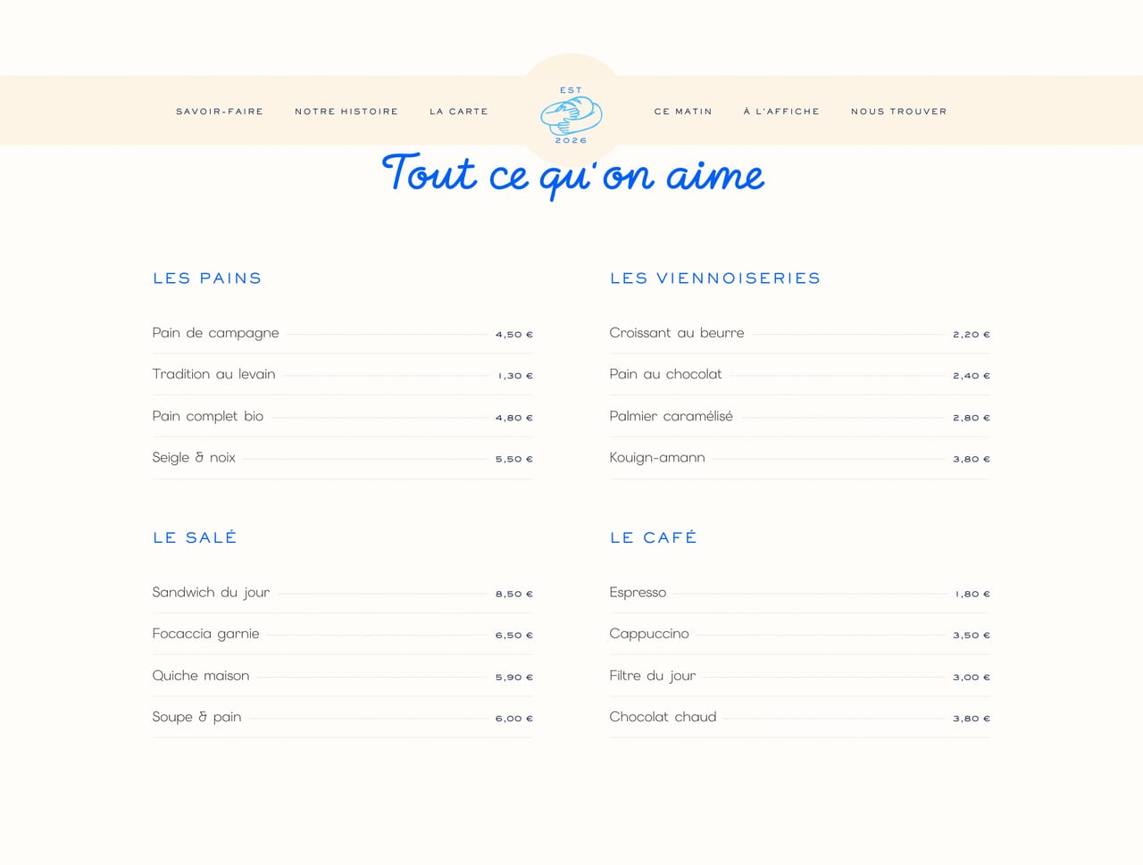 Section « Tout ce qu'on aime » : la carte Masa Madre — Les Pains, Les Viennoiseries, Le Salé, Le Café.