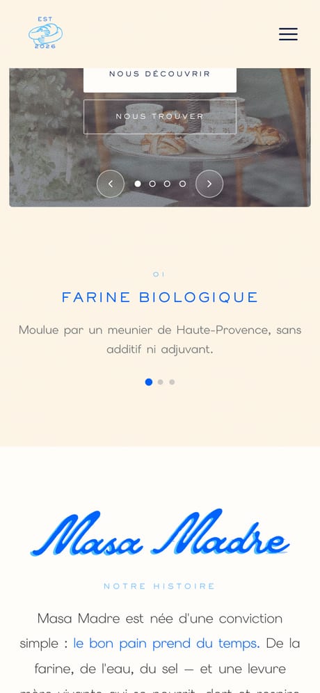 Le site Masa Madre affiché sur mobile : devanture, savoir-faire et histoire.