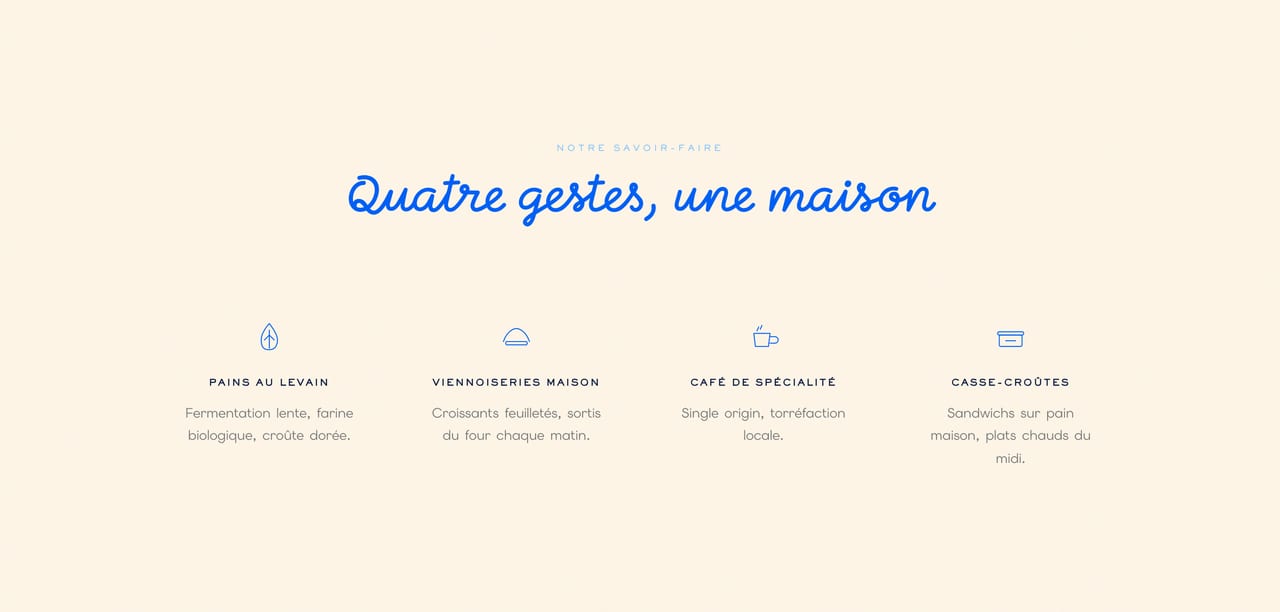 Section « Quatre gestes, une maison » : pains au levain, viennoiseries maison, café de spécialité, casse-croûtes.