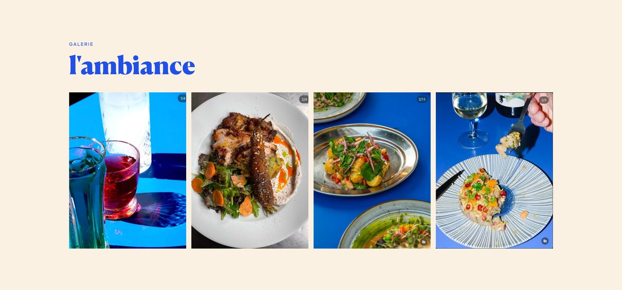 Section galerie « L'ambiance » : grille de photos des plats et du lieu.